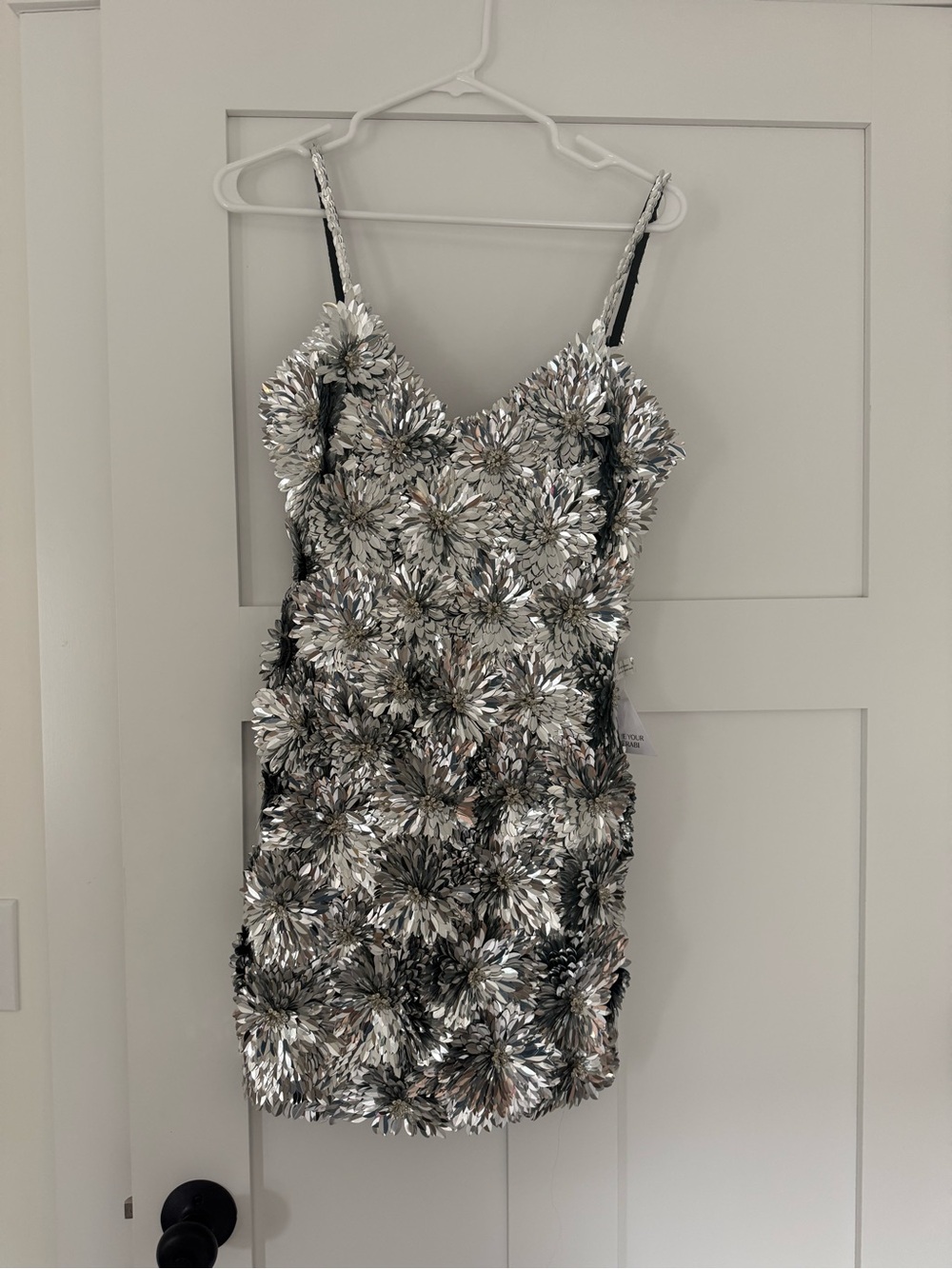 NADINE MERABI Silver Floral Sequin Mini Dress